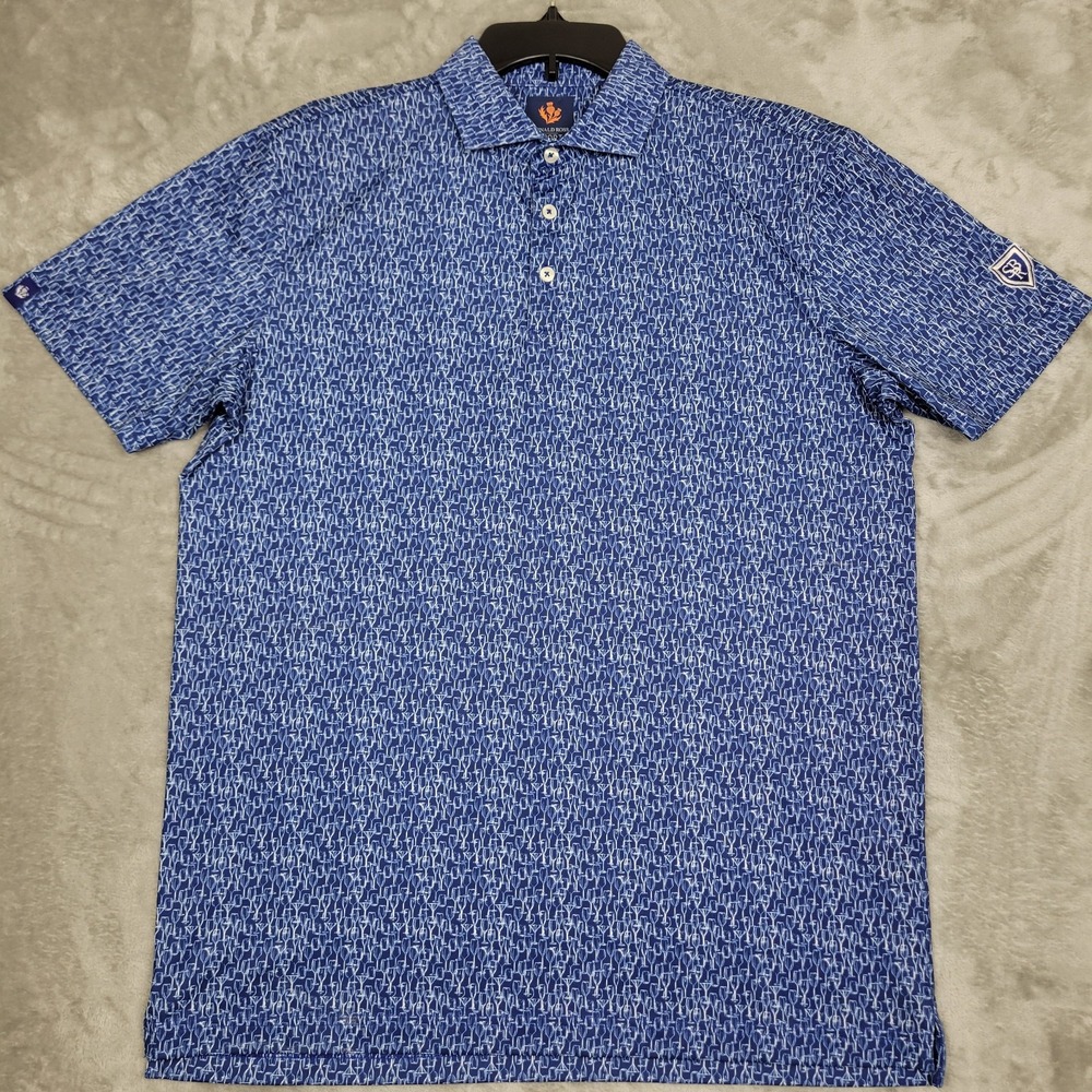 Donald Ross Sport Men's M Golf Polo Shirt Blue Wine Glasses Print Performance